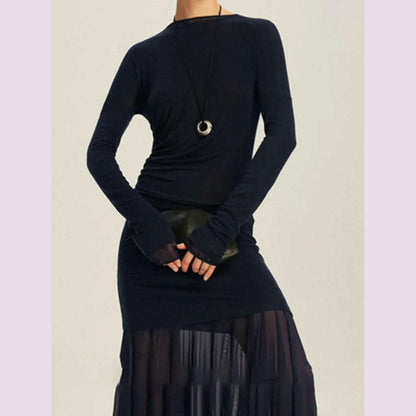 DEAT Elegant Dress O-neck Long Sleeve Elastic Gauze Patchwork Pleated Women's Evening Party Dresses 2024 Autumn New Tide 35Z1131