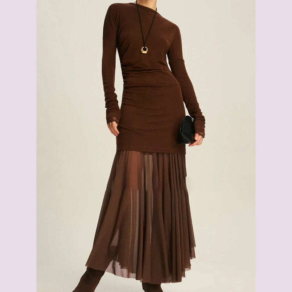 DEAT Elegant Dress O-neck Long Sleeve Elastic Gauze Patchwork Pleated Women's Evening Party Dresses 2024 Autumn New Tide 35Z1131