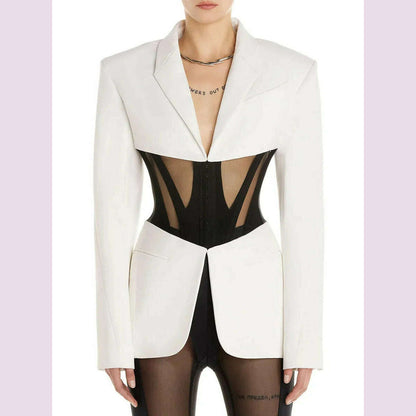 DEAT Fashion Women Blazer Notched Collar Full Sleeve Hidden Breasted Lace Patchwork Waist Black Jacket Autumn 2024 New 17A8211