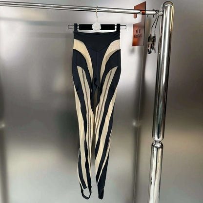 DEAT Fashion Women‘s High Waist Elastic Leggings Vertical Stripes Patchwork Gauze Trousers Female Summer 2024 New Tide WW969