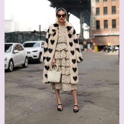 DEAT Fashion Women's Faux Fur Coat Lapel Loose Long Sleeve Plush Black Love Thick Warm White Overcoat Winter 2022 New 7AB2449