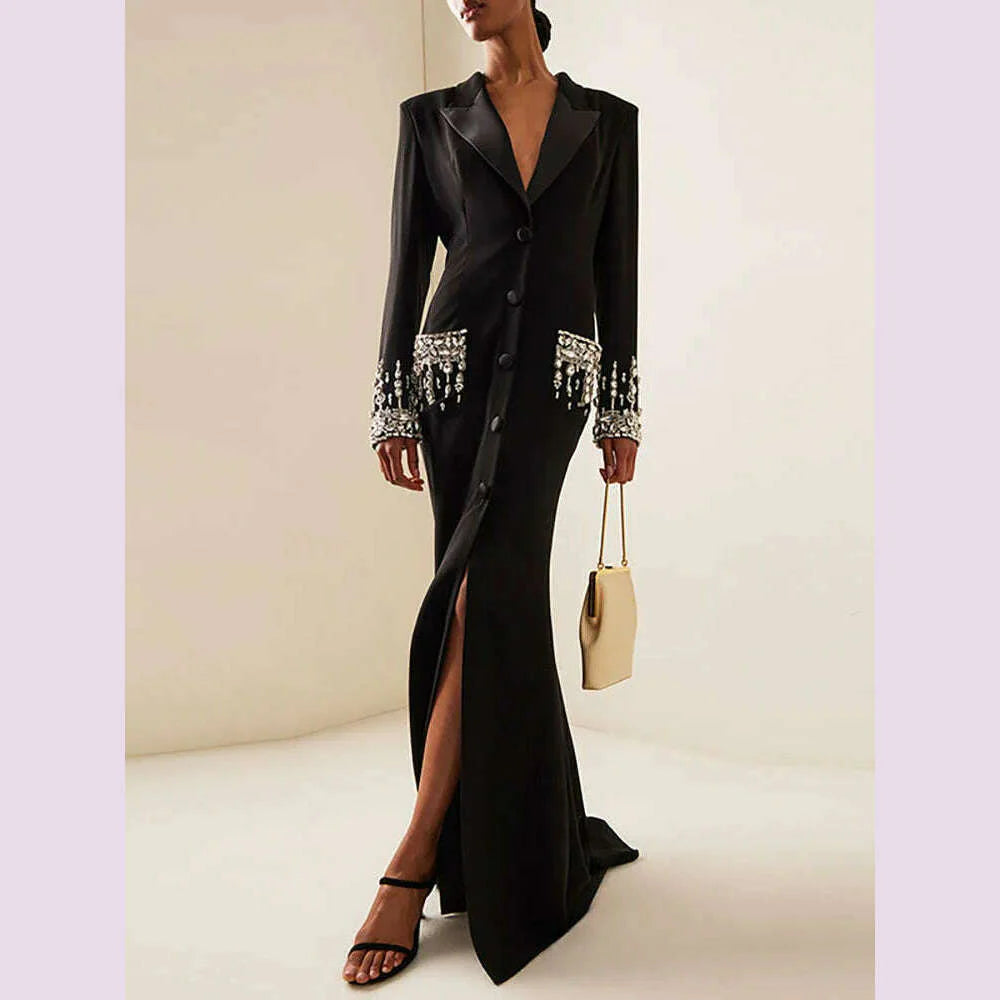 DEAT Women's Fashion Evening Dress Notched Collar Single Breasted Diamond Setting Waist Elegant Party Dresses Summer 2024 New