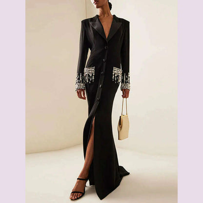 DEAT Women's Fashion Evening Dress Notched Collar Single Breasted Diamond Setting Waist Elegant Party Dresses Summer 2024 New