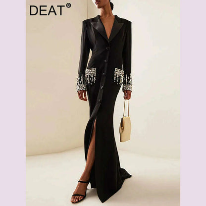 DEAT Women's Fashion Evening Dress Notched Collar Single Breasted Diamond Setting Waist Elegant Party Dresses Summer 2024 New