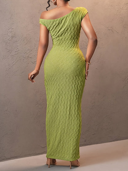 [Sexy Bodycon Dress] Sexy Asymmetric One-Shoulder Sleeveless Bodycon Dress | Stretchy Long Formal Evening Gown for Vacation, Date Night & Fashion Commute | Machine Washable Solid Color, Textured Fabric, Chic Dress for Women