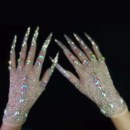 Deluxe AB Diamond Pearl Long Nails Diamond Shiny Short Gloves