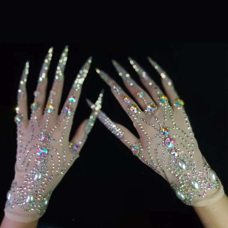 Deluxe AB Diamond Pearl Long Nails Diamond Shiny Short Gloves