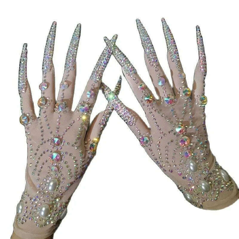 Deluxe AB Diamond Pearl Long Nails Diamond Shiny Short Gloves