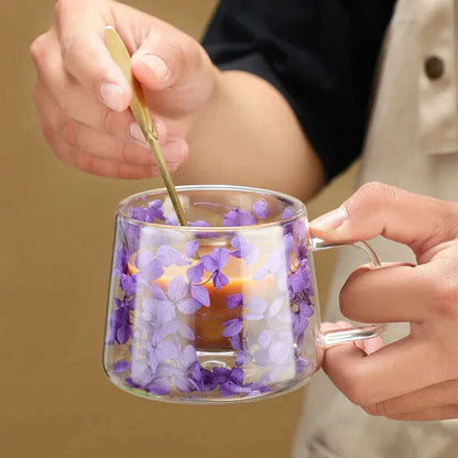 Double Wall Dry Flowers Transparent Glass Coffee Cup with Handle Double-layer Heat Insulation High Temperature Juice Milk Cup