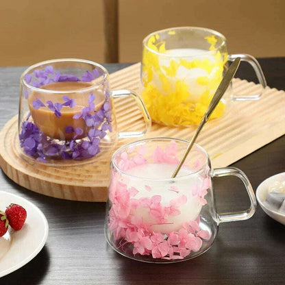 Double Wall Dry Flowers Transparent Glass Coffee Cup with Handle Double-layer Heat Insulation High Temperature Juice Milk Cup