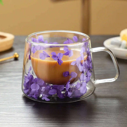 Double Wall Dry Flowers Transparent Glass Coffee Cup with Handle Double-layer Heat Insulation High Temperature Juice Milk Cup