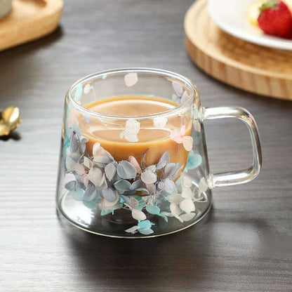 Double Wall Dry Flowers Transparent Glass Coffee Cup with Handle Double-layer Heat Insulation High Temperature Juice Milk Cup