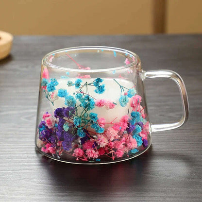 Double Wall Dry Flowers Transparent Glass Coffee Cup with Handle Double-layer Heat Insulation High Temperature Juice Milk Cup