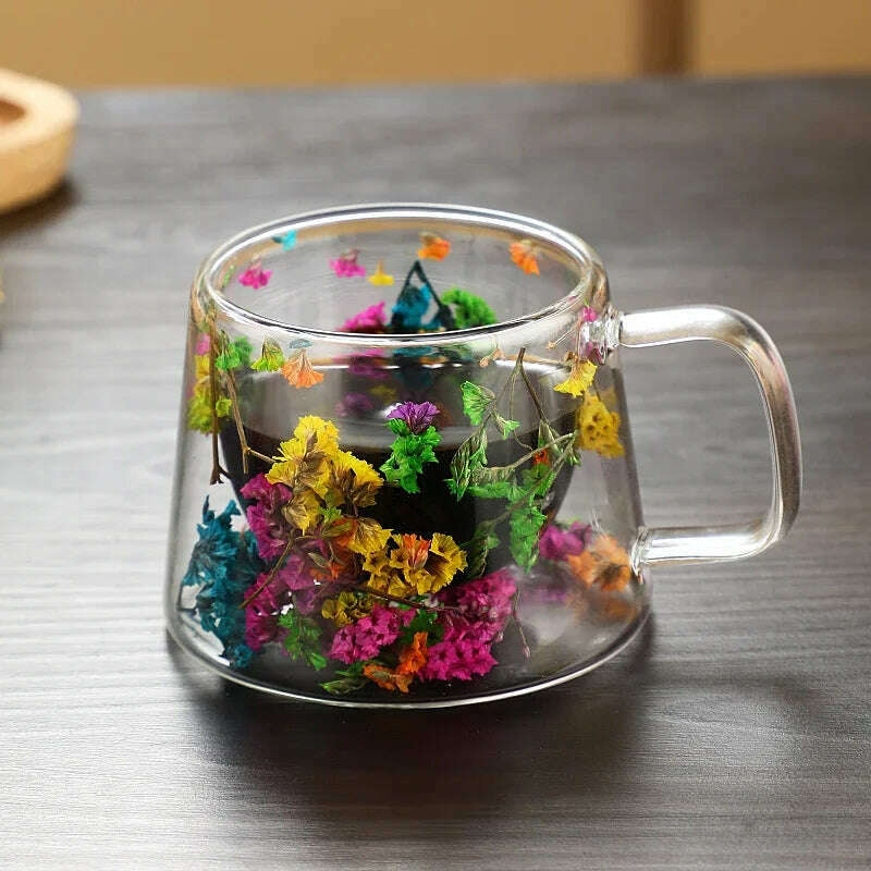 Double Wall Dry Flowers Transparent Glass Coffee Cup with Handle Double-layer Heat Insulation High Temperature Juice Milk Cup