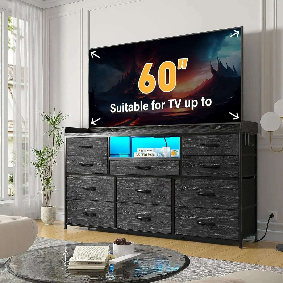 Dresser for Bedroom with 11 Drawers for 60" TV Stand for Bedroom with LED Lights & Charging Station Long Dresser with Shelves