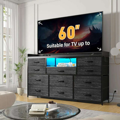 Dresser for Bedroom with 11 Drawers for 60" TV Stand for Bedroom with LED Lights & Charging Station Long Dresser with Shelves
