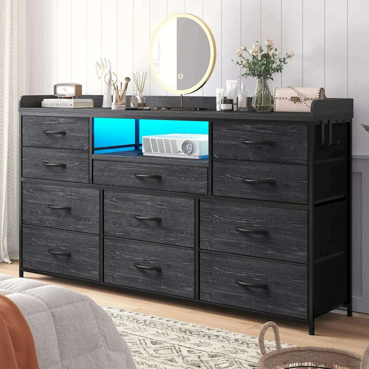 Dresser for Bedroom with 11 Drawers for 60" TV Stand for Bedroom with LED Lights & Charging Station Long Dresser with Shelves