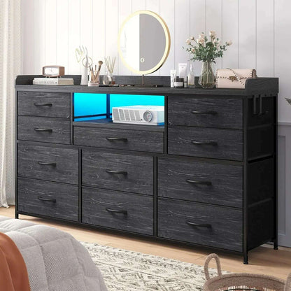 Dresser for Bedroom with 11 Drawers for 60" TV Stand for Bedroom with LED Lights & Charging Station Long Dresser with Shelves