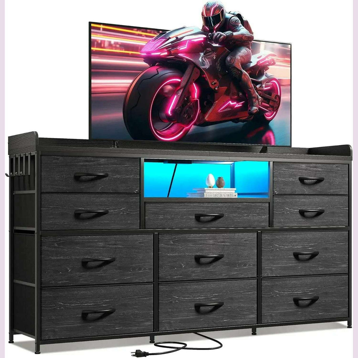 Dresser for Bedroom with 11 Drawers for 60" TV Stand for Bedroom with LED Lights & Charging Station Long Dresser with Shelves