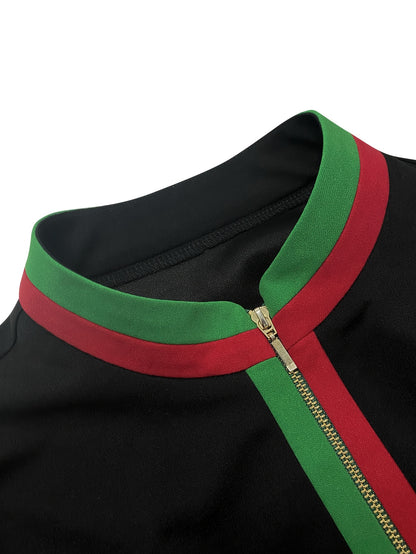 Elegant Color Block Long Sleeve Bodycon Dress with Stand Collar - High-Waisted, Stretchy Polyester Blend, Perfect for Spring/Fall, Black & Green/Red Accents, Women'S Fashion, Autumn Fashion | Color Block Dress | Polyester Ble