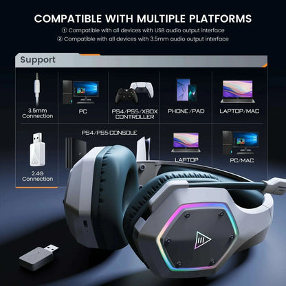 EKSA E1000 WT 2.4G Low Latency Wireless+Wired Gaming Headphones for PC/PS4/PS5/Xbox, 7.1 Surround Headset Gamer with Microphone