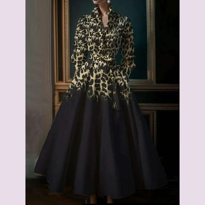 Elegant Commuter Retro Boho Leopard Pattern Women's Big Size Dress New High Street Standing Collar Loose Big Swing Shirt Dresses