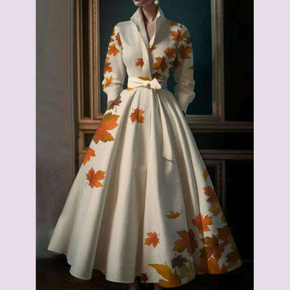 Elegant Floral Printing Maxi Dresses Multicolor Turndown Collar Long  Sleeve Cotton Long Dress Party Wedding Evening Dress