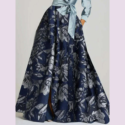 Elegant Floral Printing Maxi Dresses Patchwork Turndown Collar Long Sleeve Bowknot Pocket Long Dress Party Wedding Evening Dress