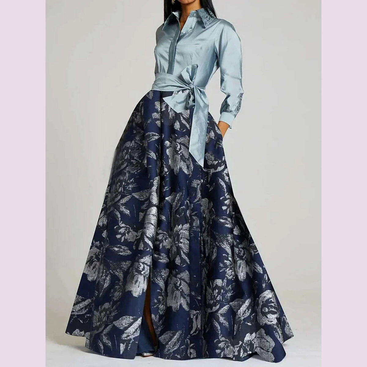 Elegant Floral Printing Maxi Dresses Patchwork Turndown Collar Long Sleeve Bowknot Pocket Long Dress Party Wedding Evening Dress