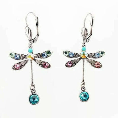 Elegant Personalized Carved Dragonfly Earrings Seven colored gems Hook Drop Earrings Wedding Engagement Earrings for women