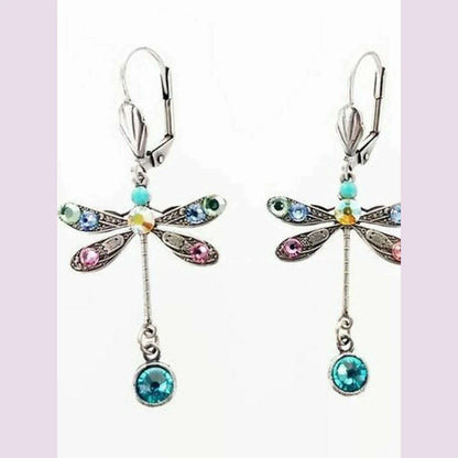 Elegant Personalized Carved Dragonfly Earrings Seven colored gems Hook Drop Earrings Wedding Engagement Earrings for women