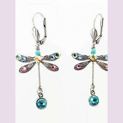 Elegant Personalized Carved Dragonfly Earrings Seven colored gems Hook Drop Earrings Wedding Engagement Earrings for women