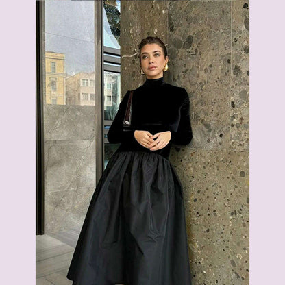 Elegant Velvet Patchwork Pleated Hem Black Maxi Dress Chic Mock Turtleneck Full Sleeve A-line Robes 2024 Winter Lady Party Gowns