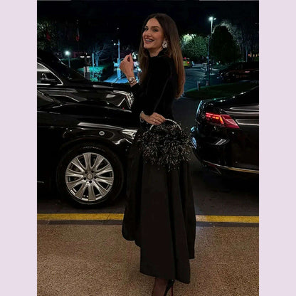 Elegant Velvet Patchwork Pleated Hem Black Maxi Dress Chic Mock Turtleneck Full Sleeve A-line Robes 2024 Winter Lady Party Gowns