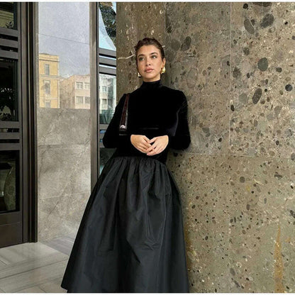Elegant Velvet Patchwork Pleated Hem Black Maxi Dress Chic Mock Turtleneck Full Sleeve A-line Robes 2024 Winter Lady Party Gowns