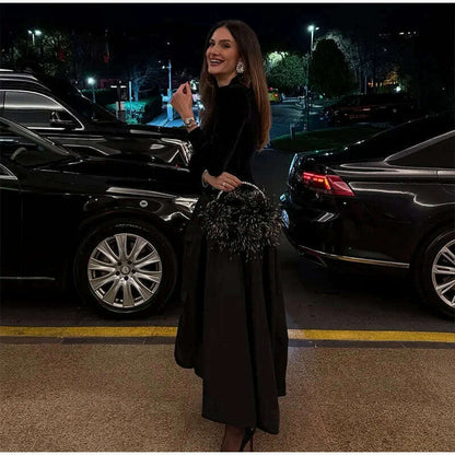 Elegant Velvet Patchwork Pleated Hem Black Maxi Dress Chic Mock Turtleneck Full Sleeve A-line Robes 2024 Winter Lady Party Gowns