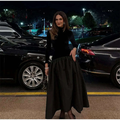 Elegant Velvet Patchwork Pleated Hem Black Maxi Dress Chic Mock Turtleneck Full Sleeve A-line Robes 2024 Winter Lady Party Gowns