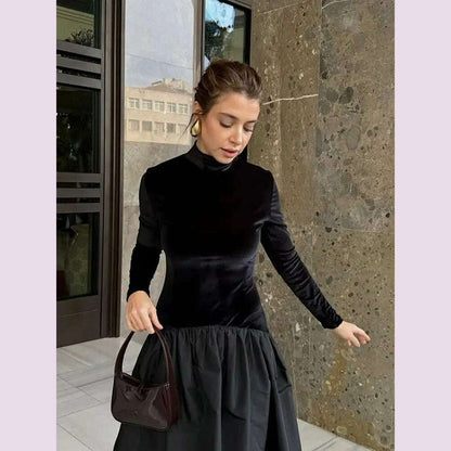 Elegant Velvet Patchwork Pleated Hem Black Maxi Dress Chic Mock Turtleneck Full Sleeve A-line Robes 2024 Winter Lady Party Gowns