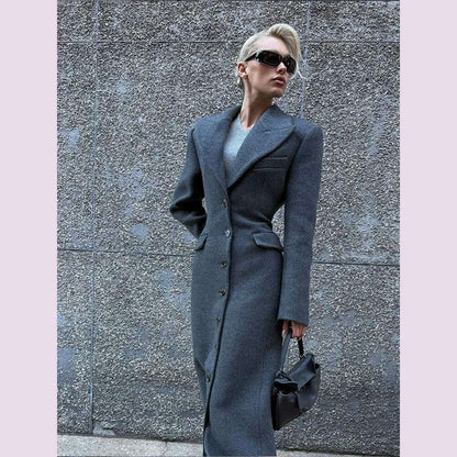 Elegant Waist Up Single Breasted Wool Blends Overcoat Women Fashion Lapel Slim Fits Long Coats Winter New Commute Lady Outwear