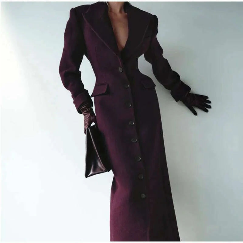 Elegant Wine Red Waist Up Wool Blend Long Jacket Women Chic Lapel Collar Single Breast Overcoat 2025 Autumn Lady High Streetwear