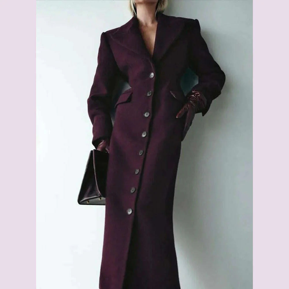 Elegant Wine Red Waist Up Wool Blend Long Jacket Women Chic Lapel Collar Single Breast Overcoat 2025 Autumn Lady High Streetwear