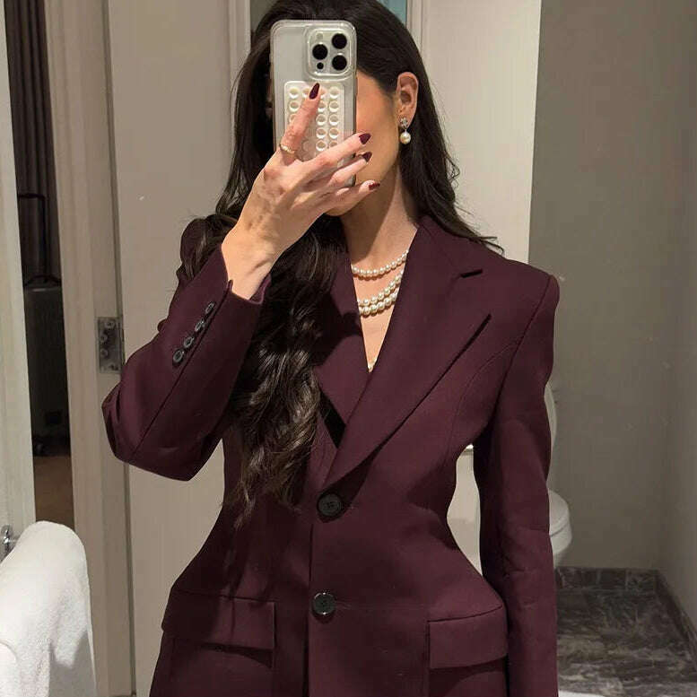 Elegant Wine Red Waist Up Wool Blend Long Jacket Women Chic Lapel Collar Single Breast Overcoat 2025 Autumn Lady High Streetwear