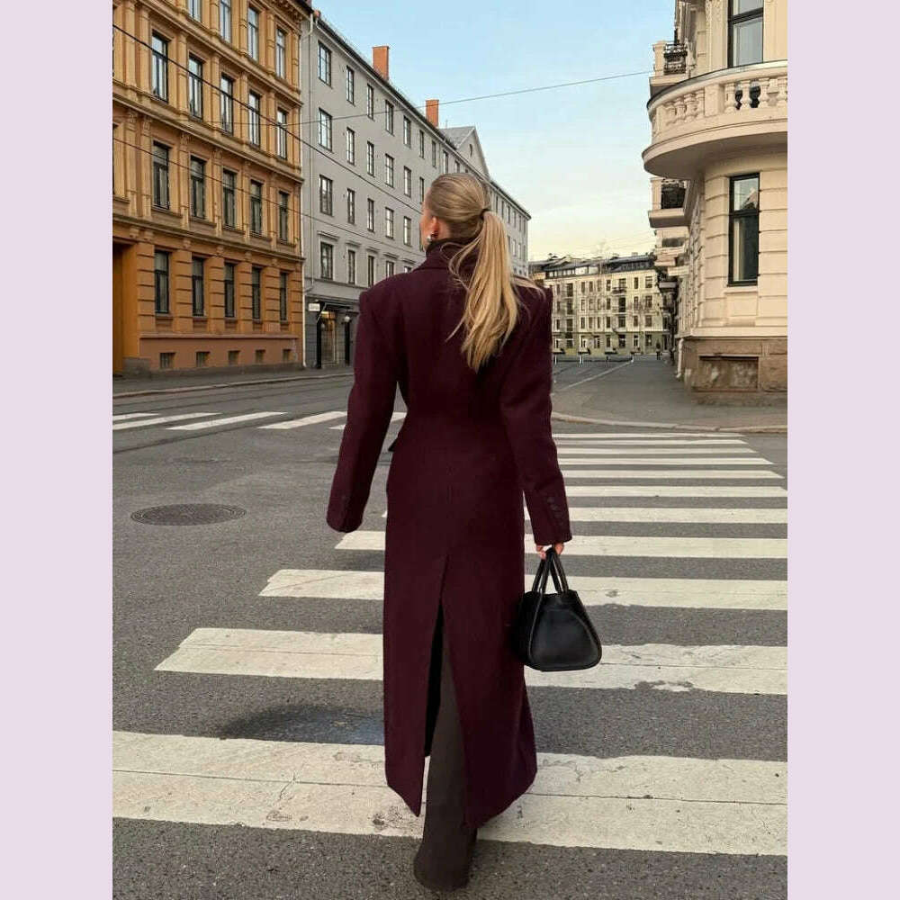 Elegant Wine Red Waist Up Wool Blend Long Jacket Women Chic Lapel Collar Single Breast Overcoat 2025 Autumn Lady High Streetwear