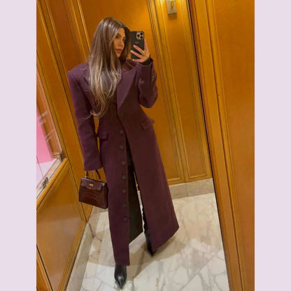 Elegant Wine Red Waist Up Wool Blend Long Jacket Women Chic Lapel Collar Single Breast Overcoat 2025 Autumn Lady High Streetwear
