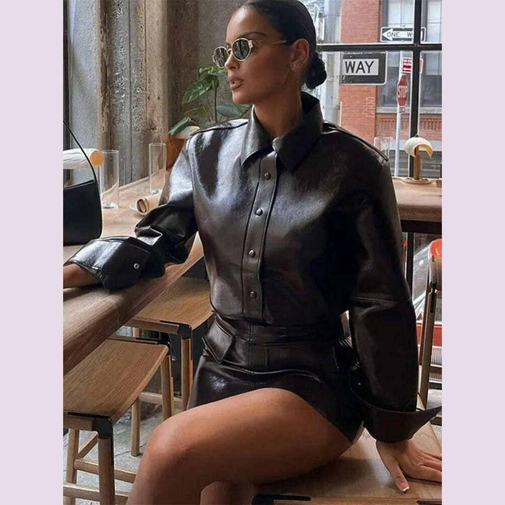 Elegant Women Leather Jacket Skirt Suit Turn Down Collar Single Breasted Female Coat High Waist Mini Skirts Lady Two Piece Sets