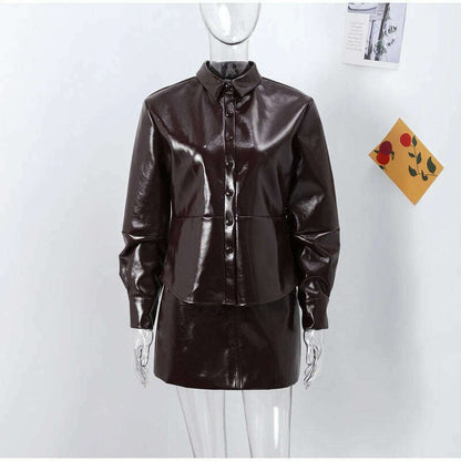 Elegant Women Leather Jacket Skirt Suit Turn Down Collar Single Breasted Female Coat High Waist Mini Skirts Lady Two Piece Sets