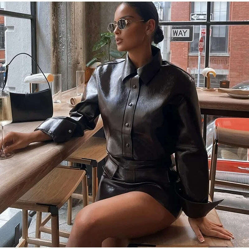 Elegant Women Leather Jacket Skirt Suit Turn Down Collar Single Breasted Female Coat High Waist Mini Skirts Lady Two Piece Sets
