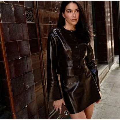 Elegant Women Leather Jacket Skirt Suit Turn Down Collar Single Breasted Female Coat High Waist Mini Skirts Lady Two Piece Sets