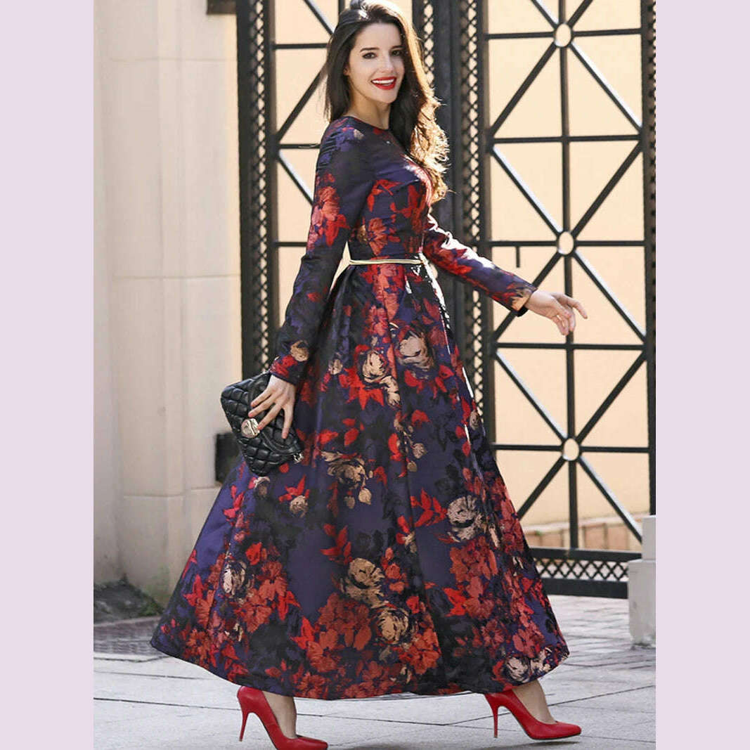 Elegant Women Long Sleeve Maxi Dress Fall Fashion Boho Floral Jacquard Muslim Dress Ladies Vintage Party Clothes