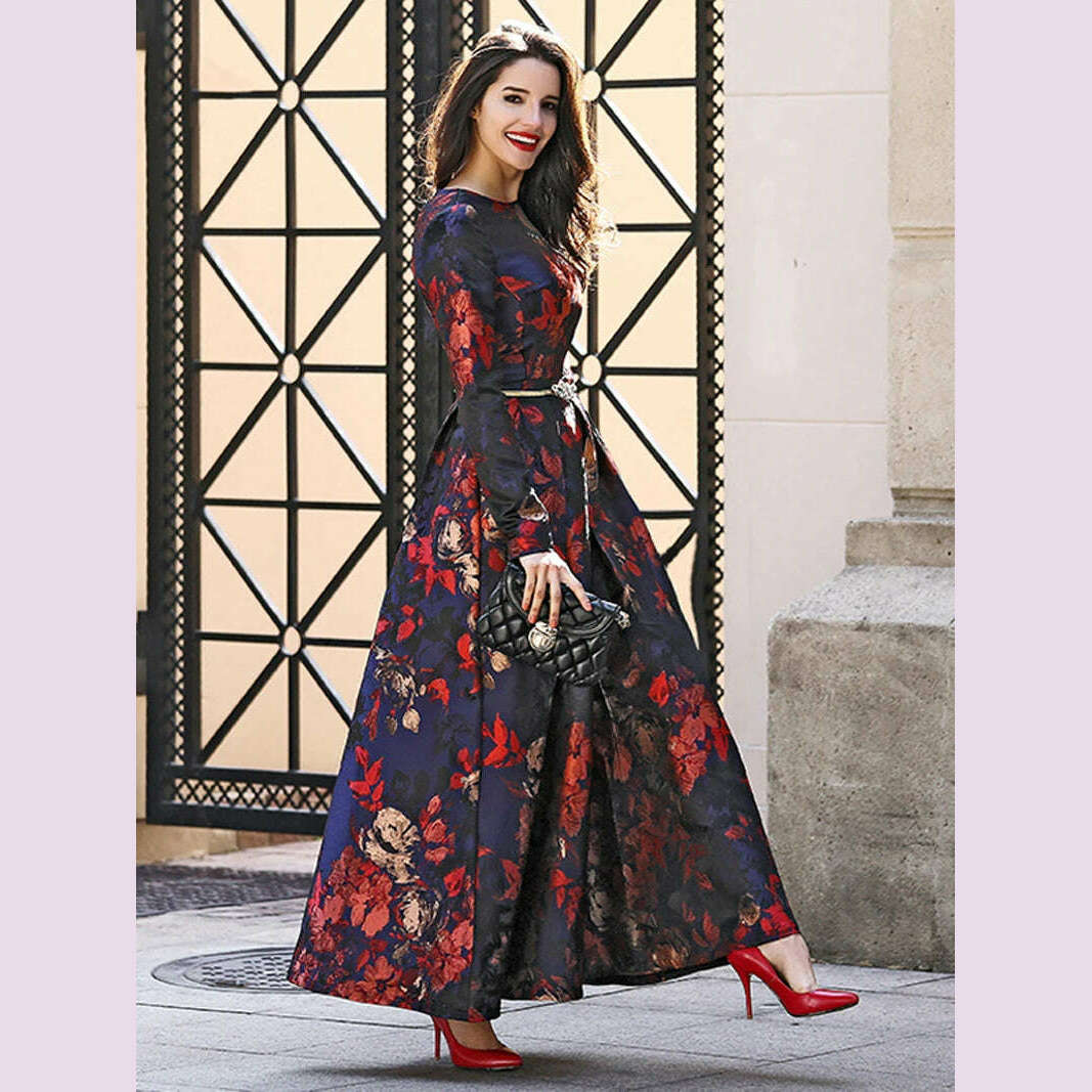 Elegant Women Long Sleeve Maxi Dress Fall Fashion Boho Floral Jacquard Muslim Dress Ladies Vintage Party Clothes